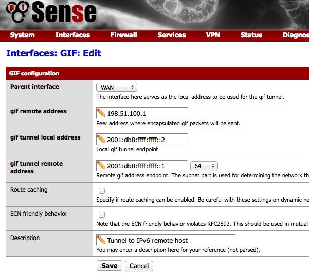 Création d'une interface de tunnel gif avec pfSense